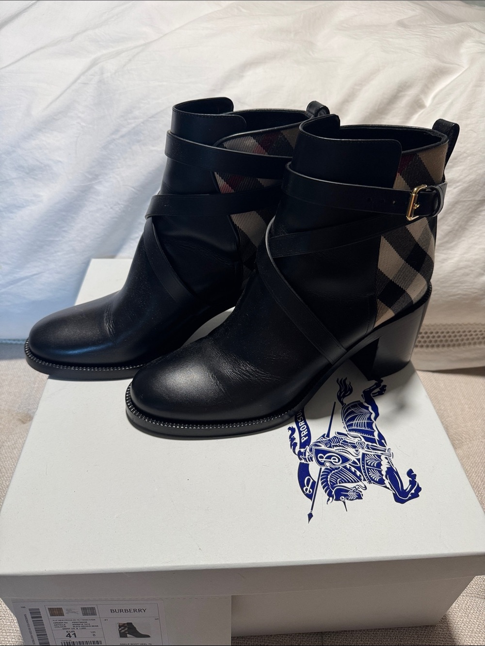 Burberry Black Leather Ankle Boots with Checkered Accent - Picture 5 of 6